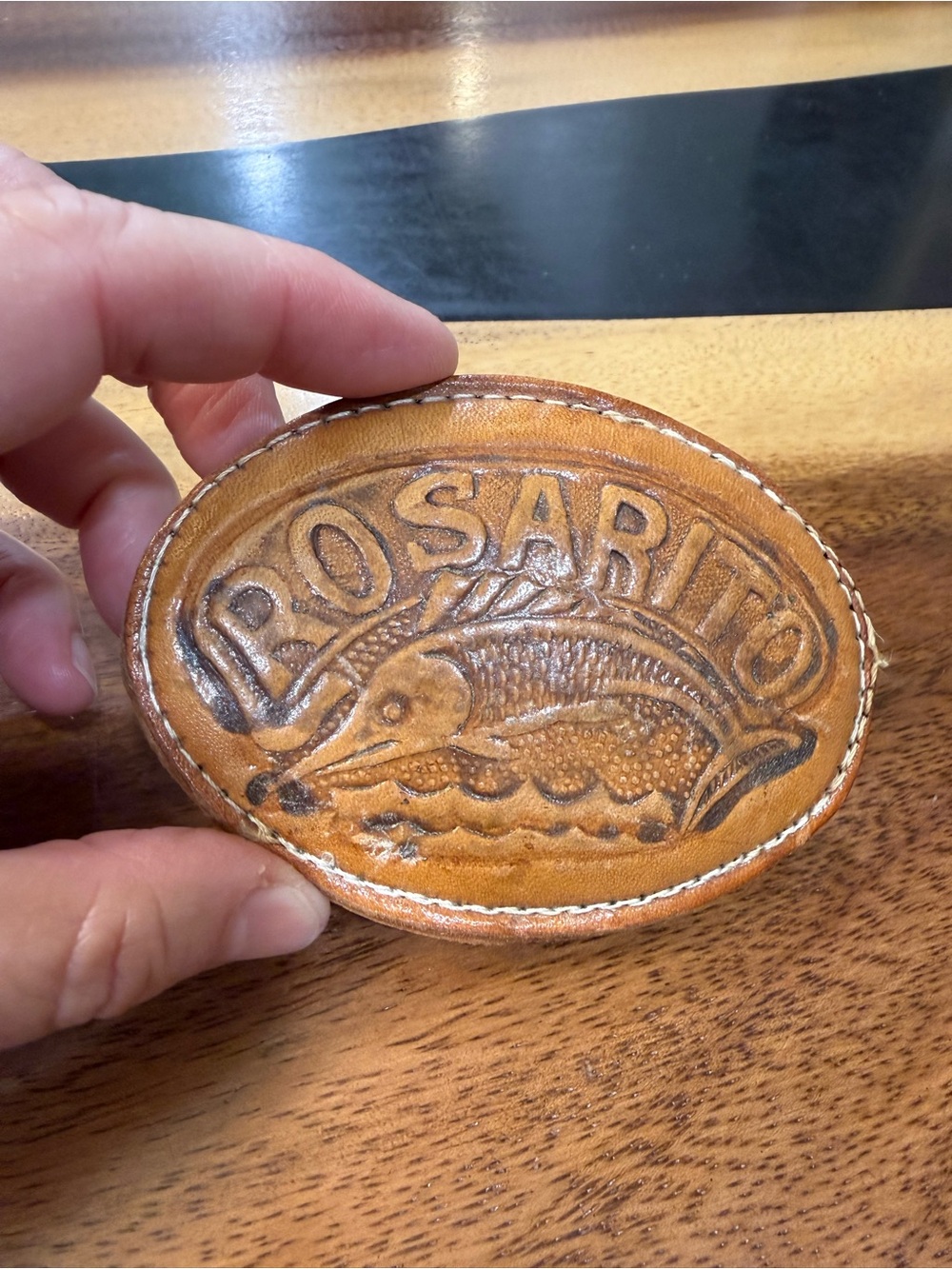 Rosarito Tooled Leather Oval Belt Buckle - Marlin Motif - Tan